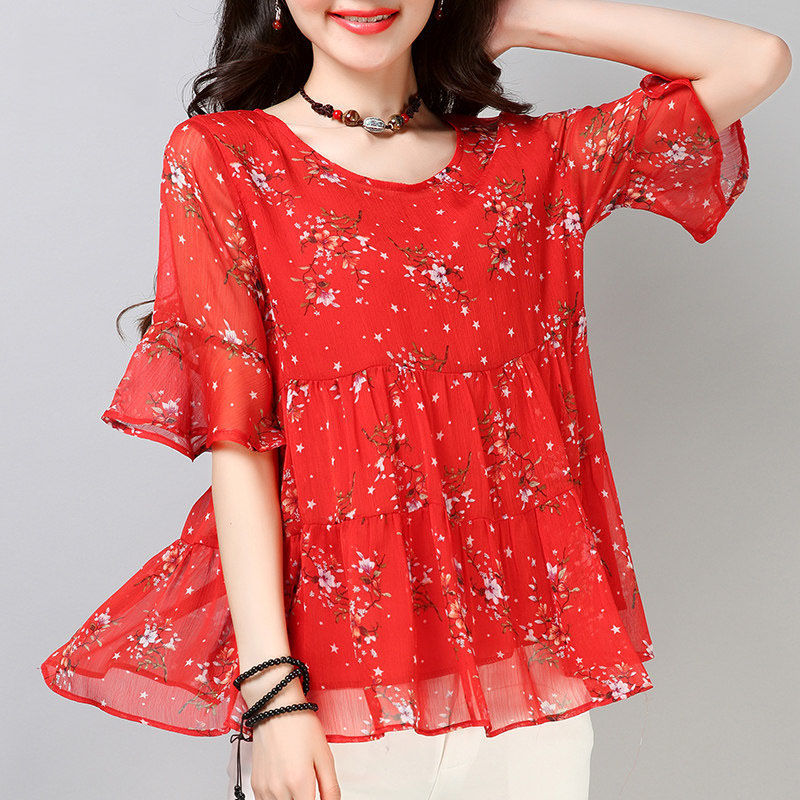 Chiffon short-sleeved plus fat plus size women's blouse floral loose T-shirt