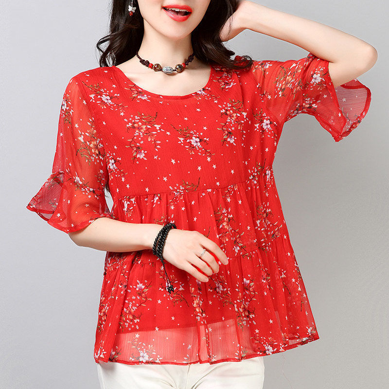 Chiffon short-sleeved plus fat plus size women's blouse floral loose T-shirt