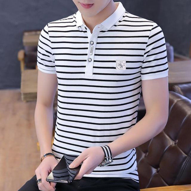 Men&apos;s short-sleeved T-shirt men&apos;s youth striped slim top polo