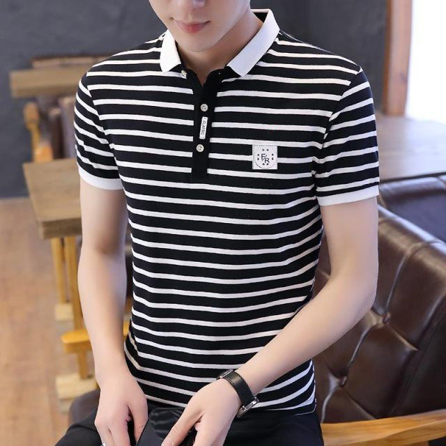 Men&apos;s short-sleeved T-shirt men&apos;s youth striped slim top polo