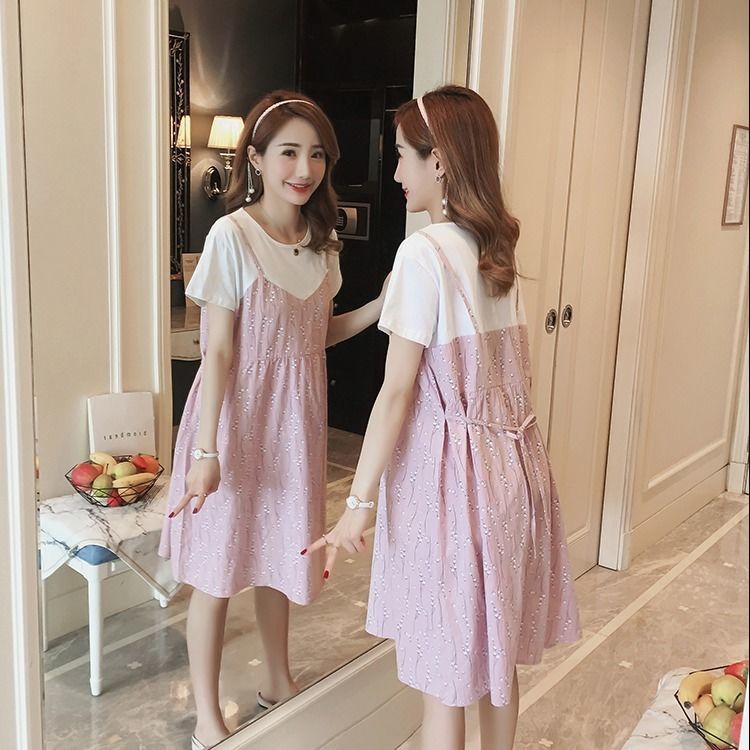 Summer maternity dress loose mid-length holiday two-piece maternity dress