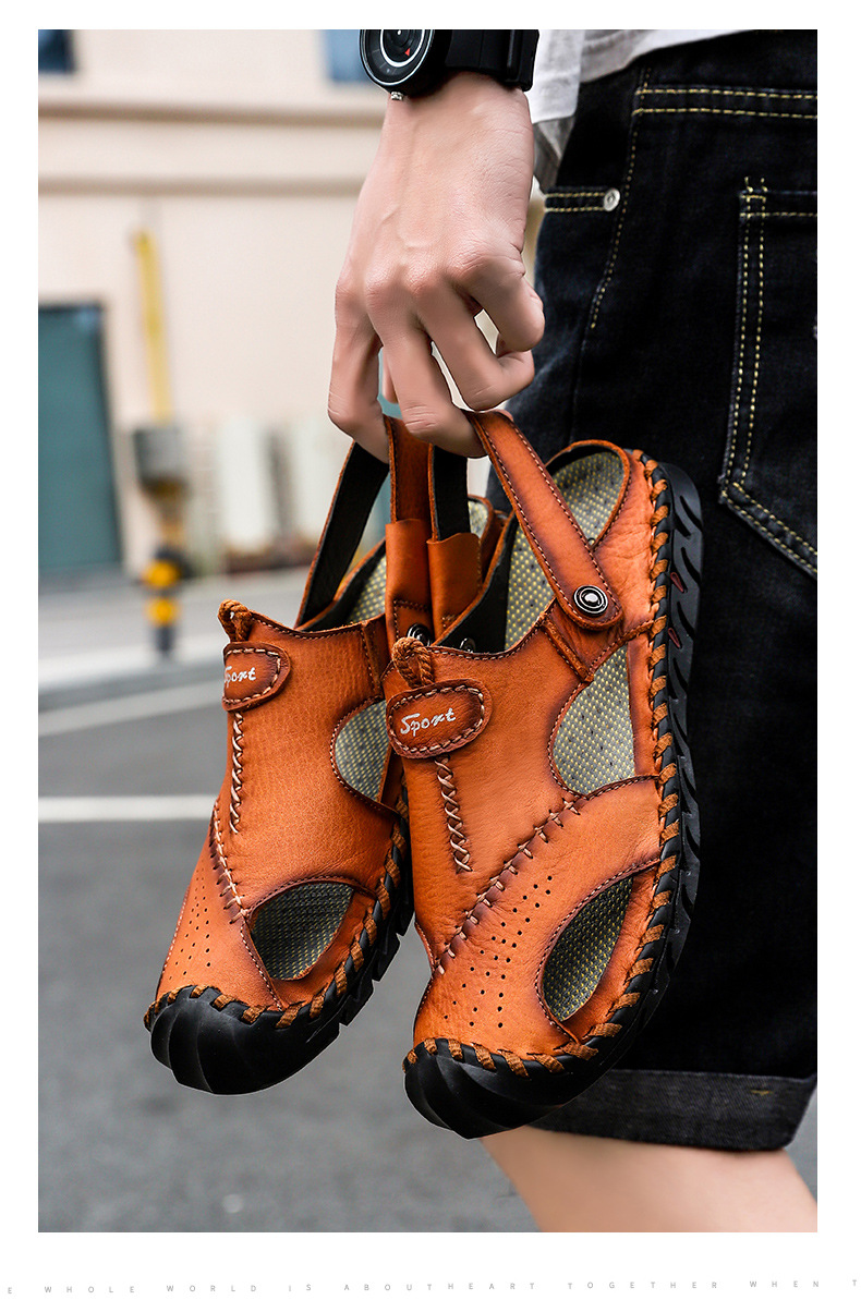 Big wharf layer cowhide sandals Baotou slippers dual purpose fashion buckle casual men's shoes
