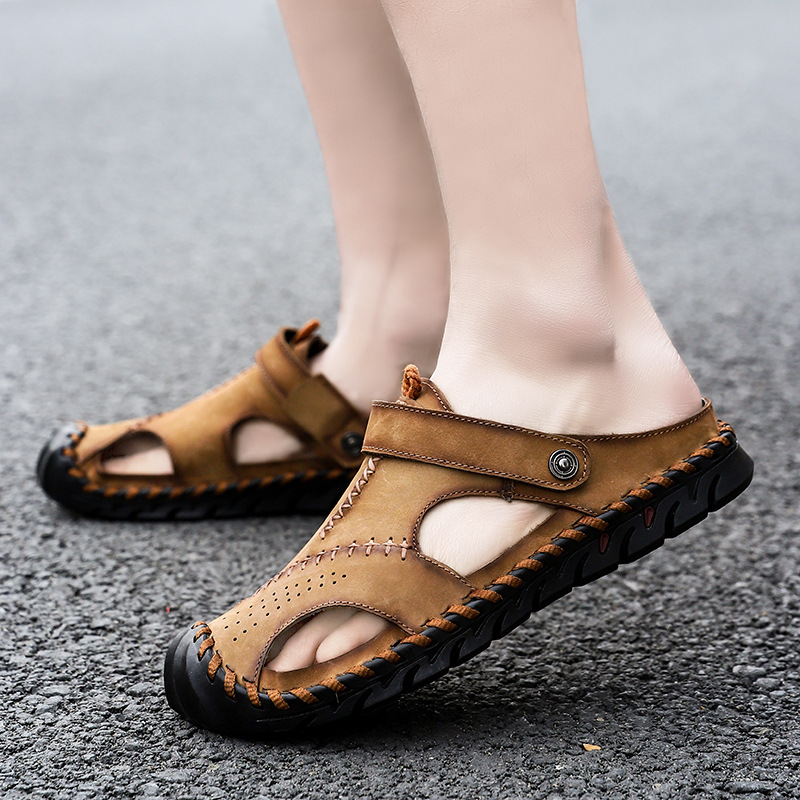 Big wharf layer cowhide sandals Baotou slippers dual purpose fashion buckle casual men's shoes