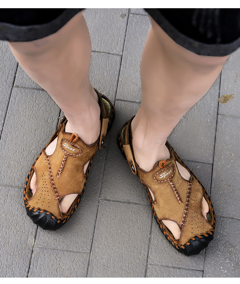 Big wharf layer cowhide sandals Baotou slippers dual purpose fashion buckle casual men's shoes