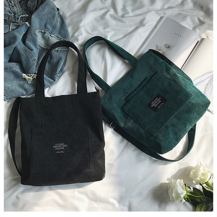 Women Corduroy Zipper Shoulder Bag Cotton Canvas Handbag Casual Tote Female Eco Crossbody Bag