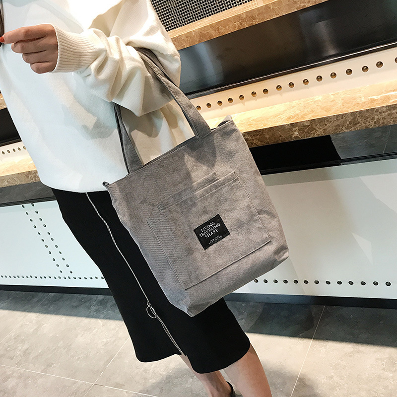 Women Corduroy Zipper Shoulder Bag Cotton Canvas Handbag Casual Tote Female Eco Crossbody Bag