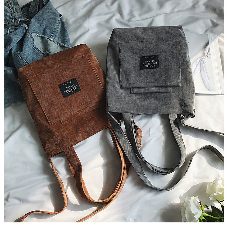 Women Corduroy Zipper Shoulder Bag Cotton Canvas Handbag Casual Tote Female Eco Crossbody Bag