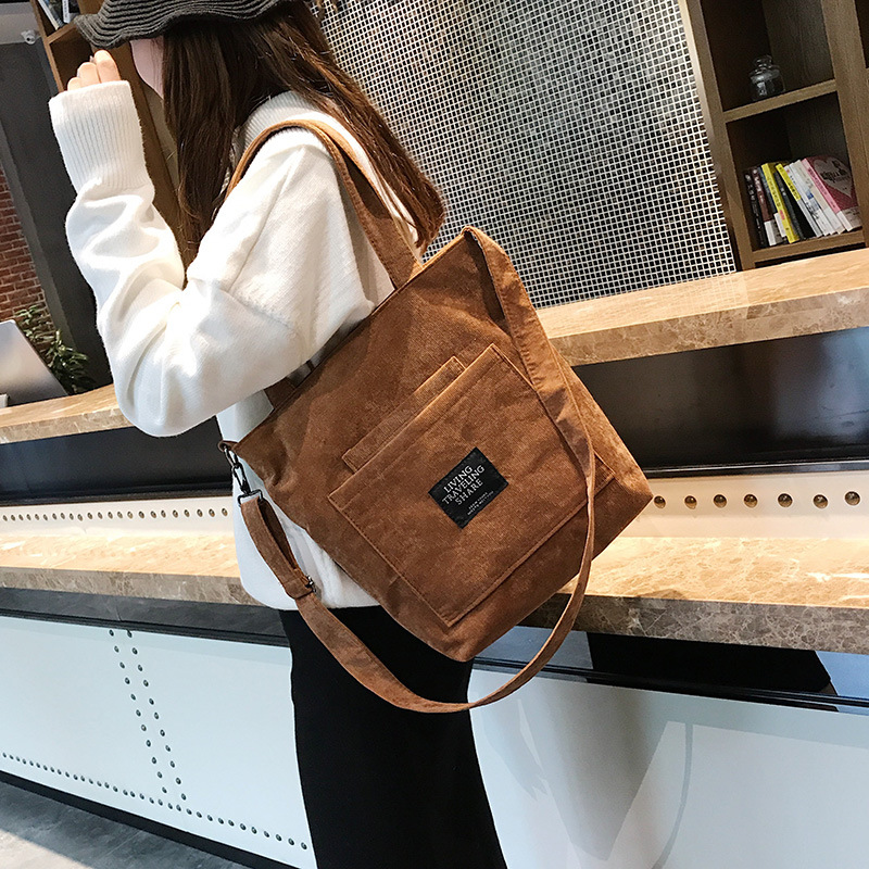 Women Corduroy Zipper Shoulder Bag Cotton Canvas Handbag Casual Tote Female Eco Crossbody Bag
