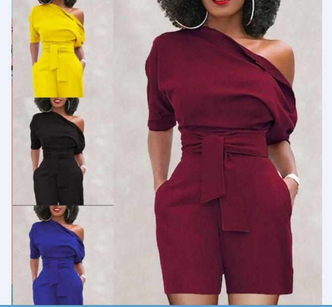 Diagonal shoulder button onesie with belt woman jumpsuit latest design