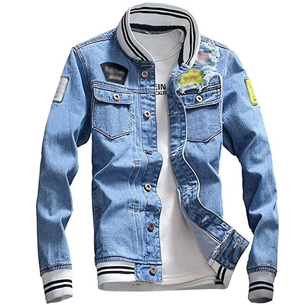 Men&apos;s High Quality Slim Fit Denim Jackets with Patches And Light Blue Machine Wash For Men&apos;s