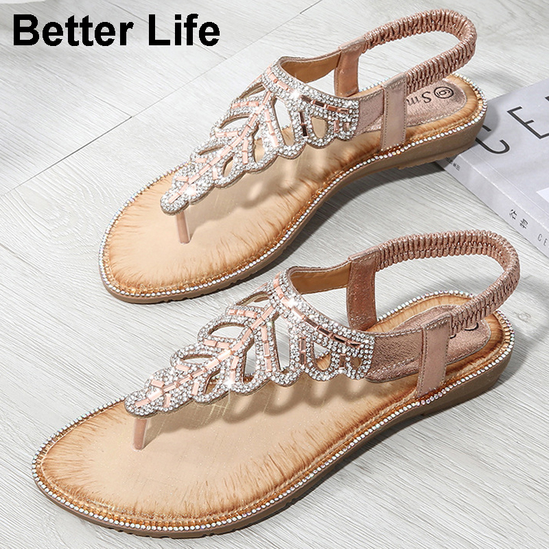 Fashion Bohemian leaf rhinestone sandals ladies beaded slippers beach toe wedge shoes espadrilles