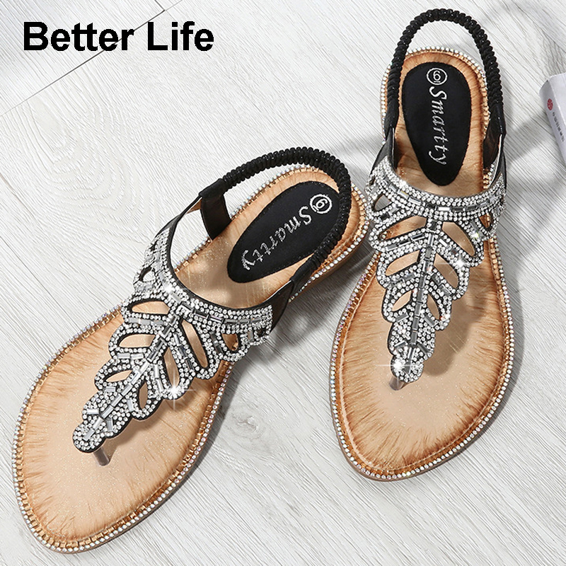 Fashion Bohemian leaf rhinestone sandals ladies beaded slippers beach toe wedge shoes espadrilles