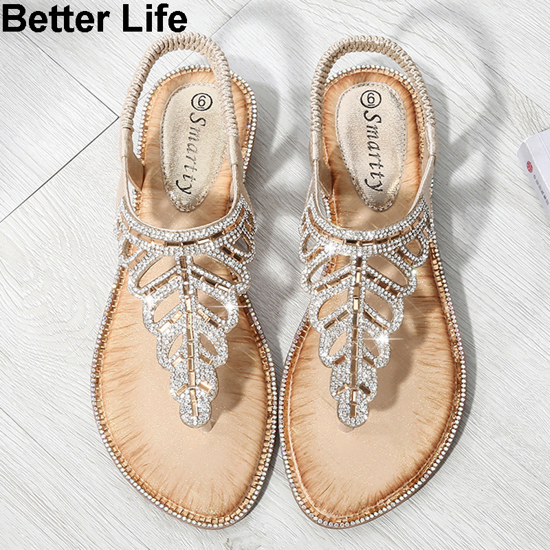 Fashion Bohemian leaf rhinestone sandals ladies beaded slippers beach toe wedge shoes espadrilles