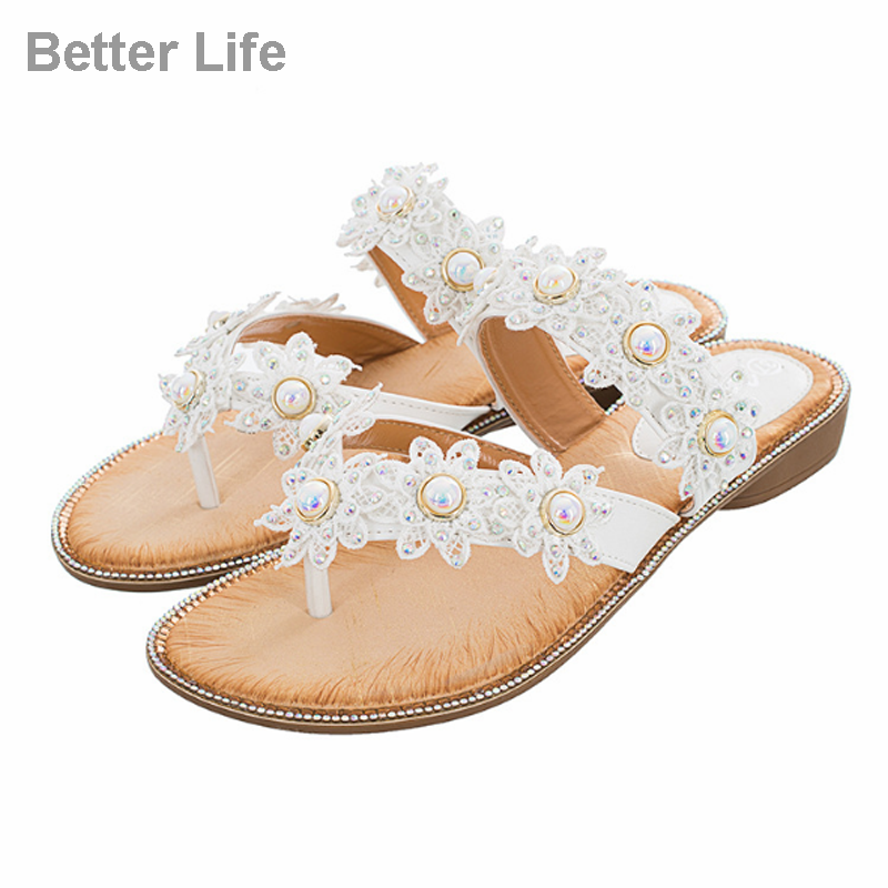 Women Summer Sandals Ladies Comfort Bohemia Sweet Beaded Sandals Clip Toe Flip Flops Beach Shoes
