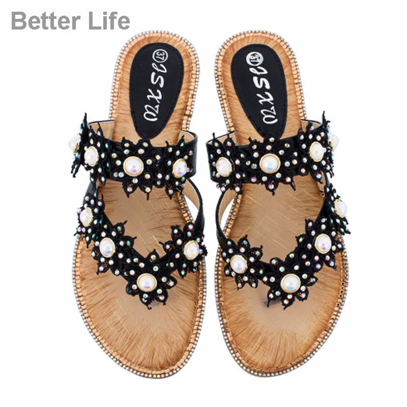 Women Summer Sandals Ladies Comfort Bohemia Sweet Beaded Sandals Clip Toe Flip Flops Beach Shoes