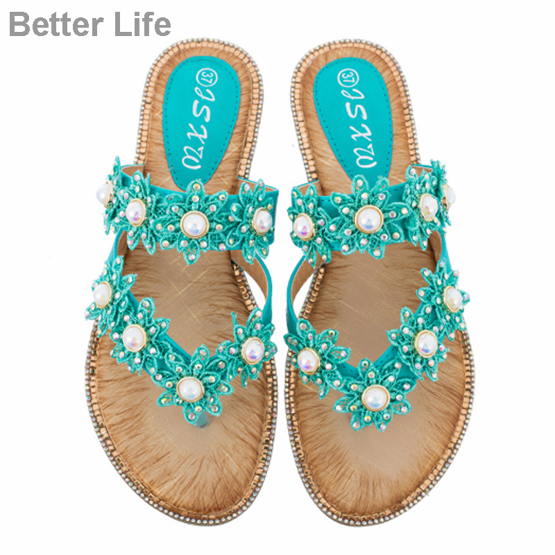 Women Summer Sandals Ladies Comfort Bohemia Sweet Beaded Sandals Clip Toe Flip Flops Beach Shoes