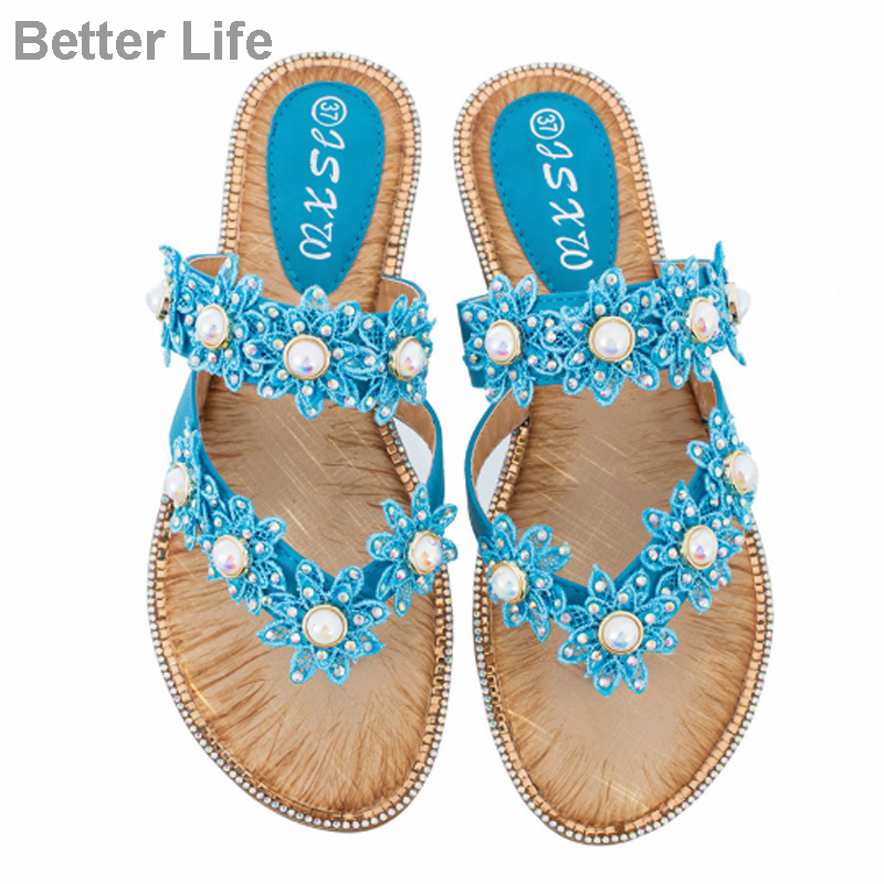 Women Summer Sandals Ladies Comfort Bohemia Sweet Beaded Sandals Clip Toe Flip Flops Beach Shoes