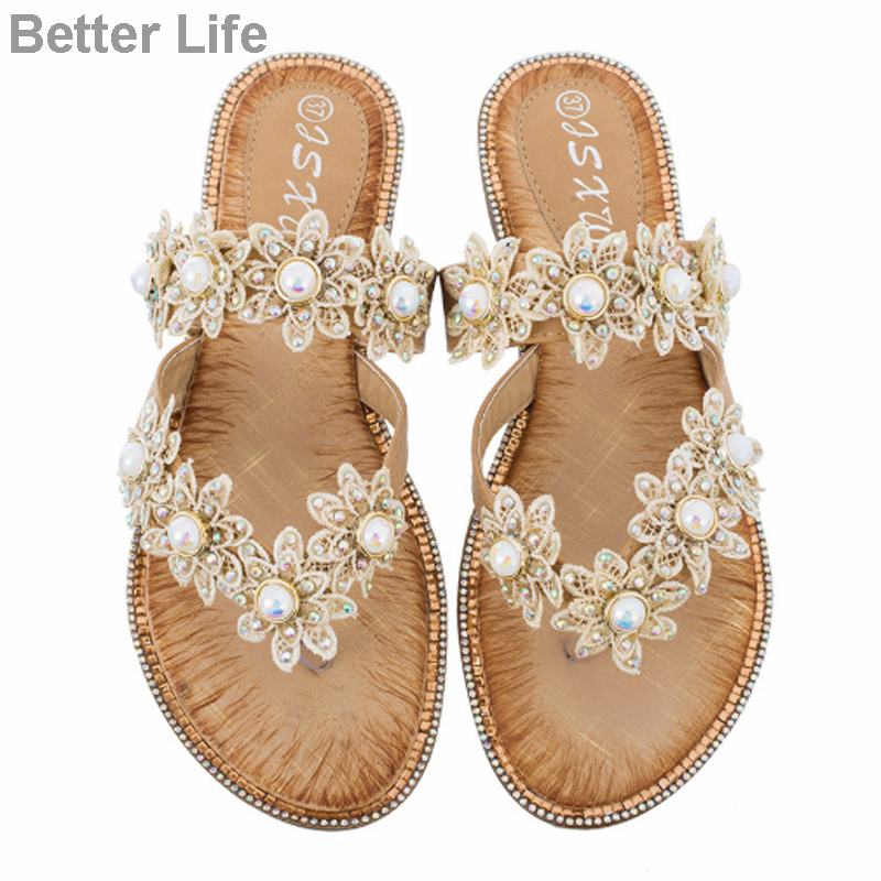 Women Summer Sandals Ladies Comfort Bohemia Sweet Beaded Sandals Clip Toe Flip Flops Beach Shoes