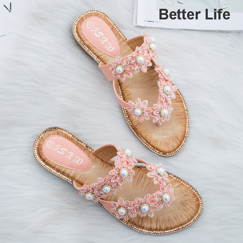 Women Summer Sandals Ladies Comfort Bohemia Sweet Beaded Sandals Clip Toe Flip Flops Beach Shoes