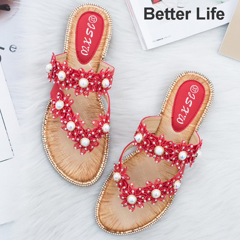 Women Summer Sandals Ladies Comfort Bohemia Sweet Beaded Sandals Clip Toe Flip Flops Beach Shoes
