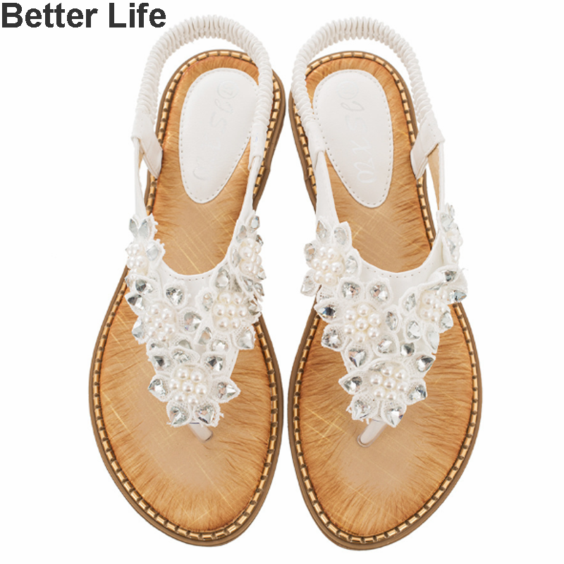 Women&apos;s Pearl Flowers Sandals T Open Toes Flexible Summer Flat Shoes New Heel Flip Flops Slippers