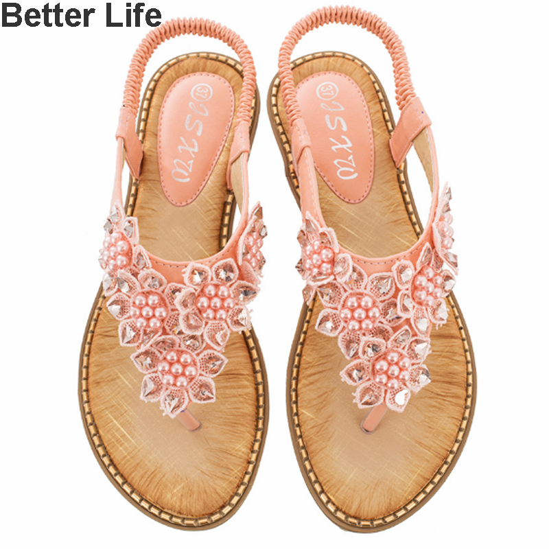 Women&apos;s Pearl Flowers Sandals T Open Toes Flexible Summer Flat Shoes New Heel Flip Flops Slippers