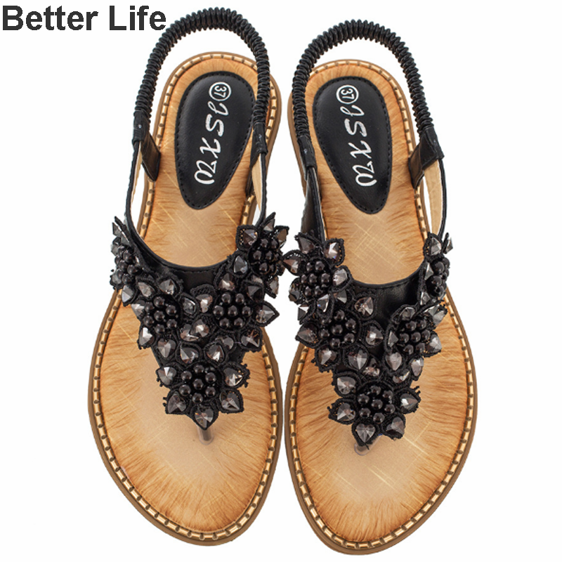 Women&apos;s Pearl Flowers Sandals T Open Toes Flexible Summer Flat Shoes New Heel Flip Flops Slippers