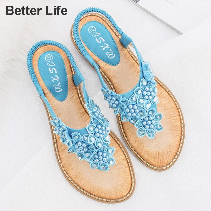 Women&apos;s Pearl Flowers Sandals T Open Toes Flexible Summer Flat Shoes New Heel Flip Flops Slippers