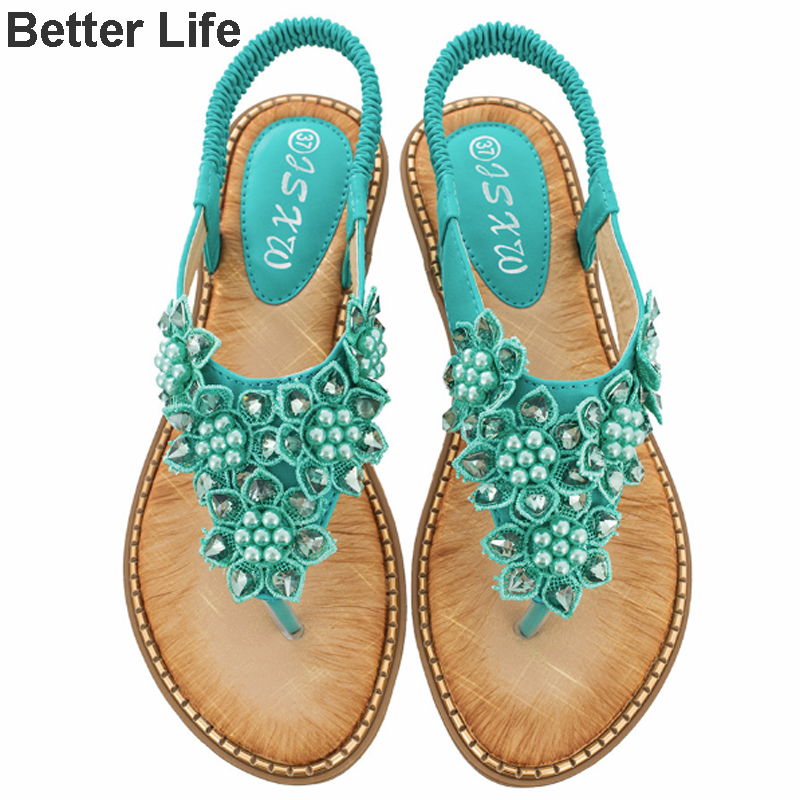 Women&apos;s Pearl Flowers Sandals T Open Toes Flexible Summer Flat Shoes New Heel Flip Flops Slippers