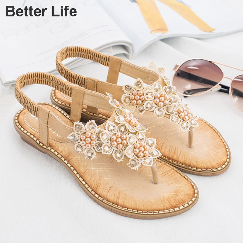 Women&apos;s Pearl Flowers Sandals T Open Toes Flexible Summer Flat Shoes New Heel Flip Flops Slippers