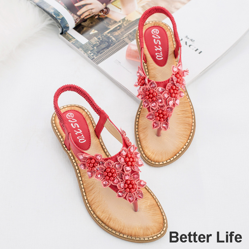 Women&apos;s Pearl Flowers Sandals T Open Toes Flexible Summer Flat Shoes New Heel Flip Flops Slippers