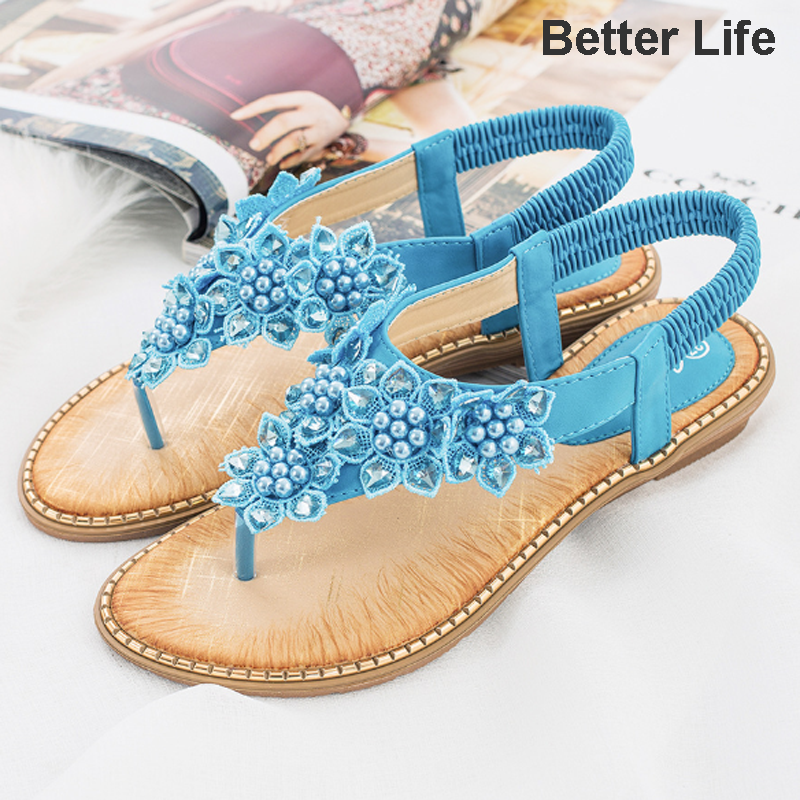Women&apos;s Pearl Flowers Sandals T Open Toes Flexible Summer Flat Shoes New Heel Flip Flops Slippers