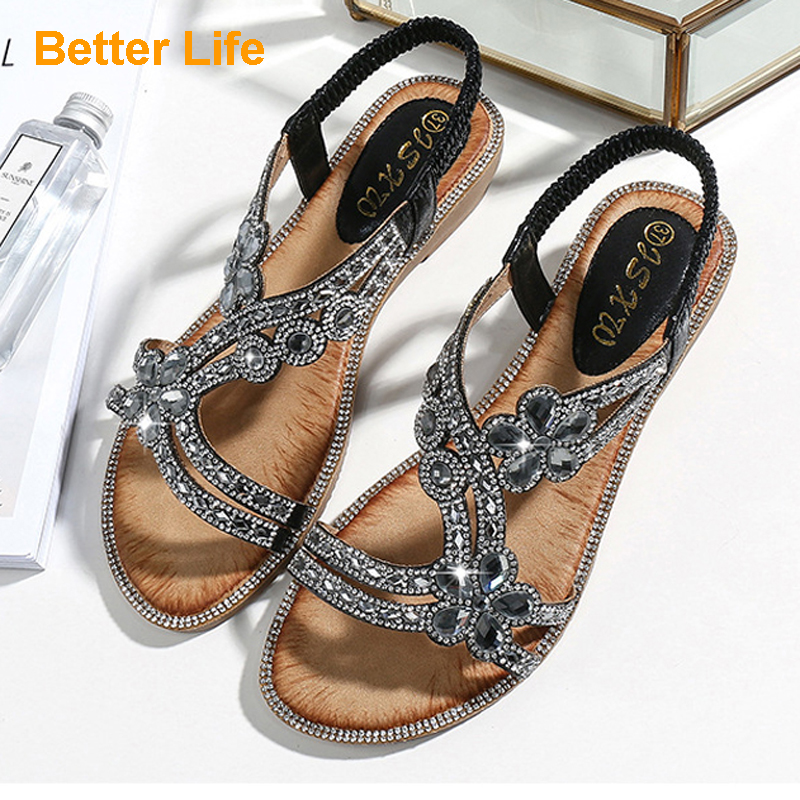 Maasai Sandal Flat Heel Soft Lace-up Sandals Flower Rhinestone Slippers Office Open Shoes Women&apos;s