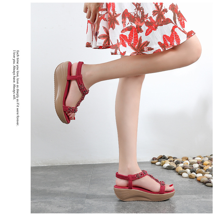 Ladies Soft Platform Heel Sandals Lace-up Flowers Open Shoes Beach Flip Flops Office High Heels Gift