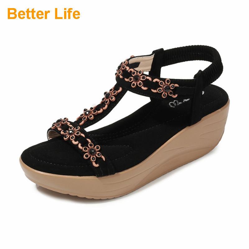 Ladies Soft Platform Heel Sandals Lace-up Flowers Open Shoes Beach Flip Flops Office High Heels Gift