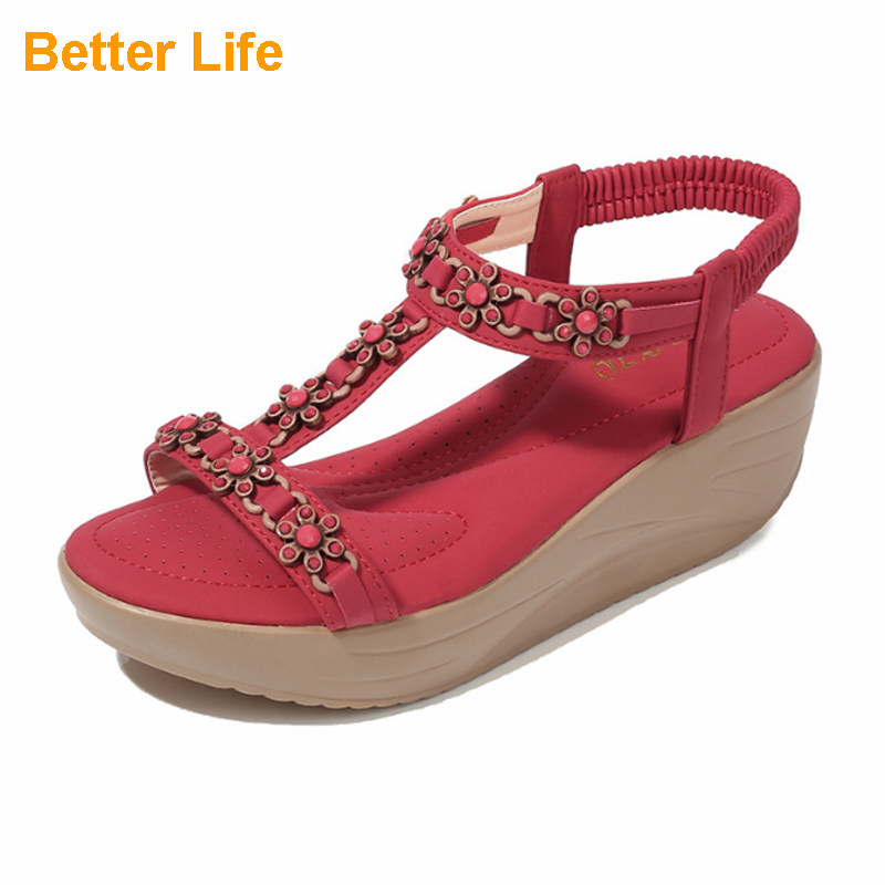 Ladies Soft Platform Heel Sandals Lace-up Flowers Open Shoes Beach Flip Flops Office High Heels Gift