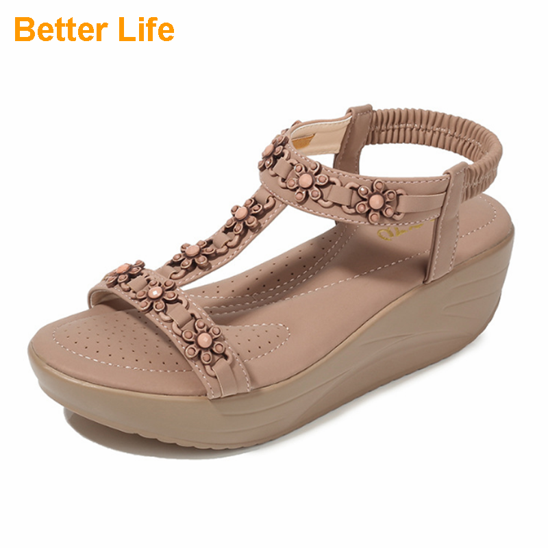 Ladies Soft Platform Heel Sandals Lace-up Flowers Open Shoes Beach Flip Flops Office High Heels Gift