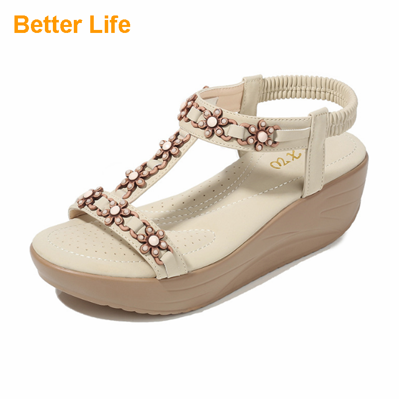 Ladies Soft Platform Heel Sandals Lace-up Flowers Open Shoes Beach Flip Flops Office High Heels Gift
