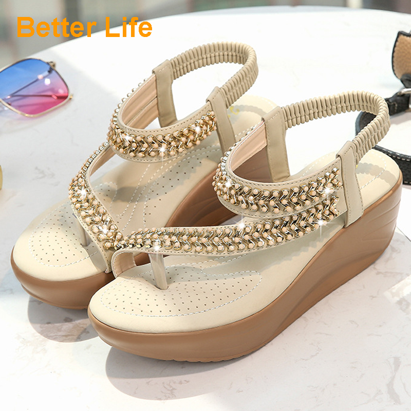 Soft Platform Wedge Heel Sandals Women&apos;s Tong Open Shoes Officer Lace Ladies Flip Flops Beach Party