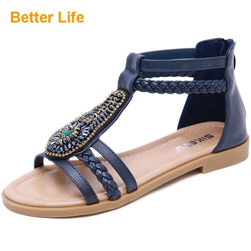 Strappy Gemstone Beading Maasai Sandals Zipper Flat Heel Shoes Women&apos;s Dinner Dress Shoes
