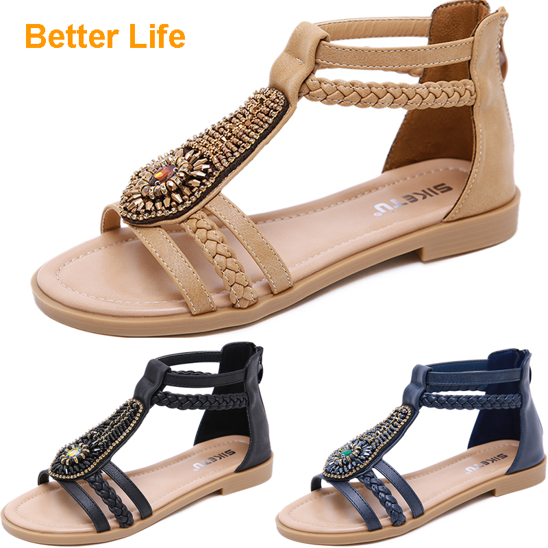 Strappy Gemstone Beading Maasai Sandals Zipper Flat Heel Shoes Women&apos;s Dinner Dress Shoes