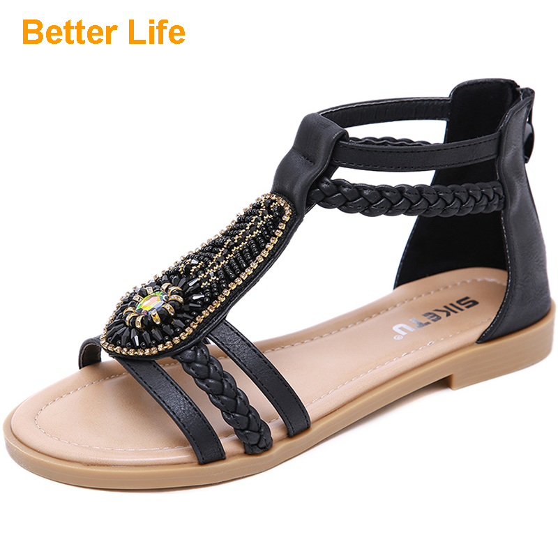 Strappy Gemstone Beading Maasai Sandals Zipper Flat Heel Shoes Women&apos;s Dinner Dress Shoes