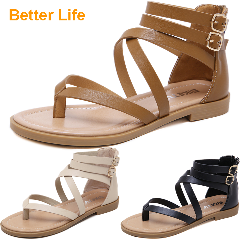 Leather Maasai Flat Sandals Women&apos;s Shoes for Dinner Dress Party Strappy Roman Flip Flops Peep Toes