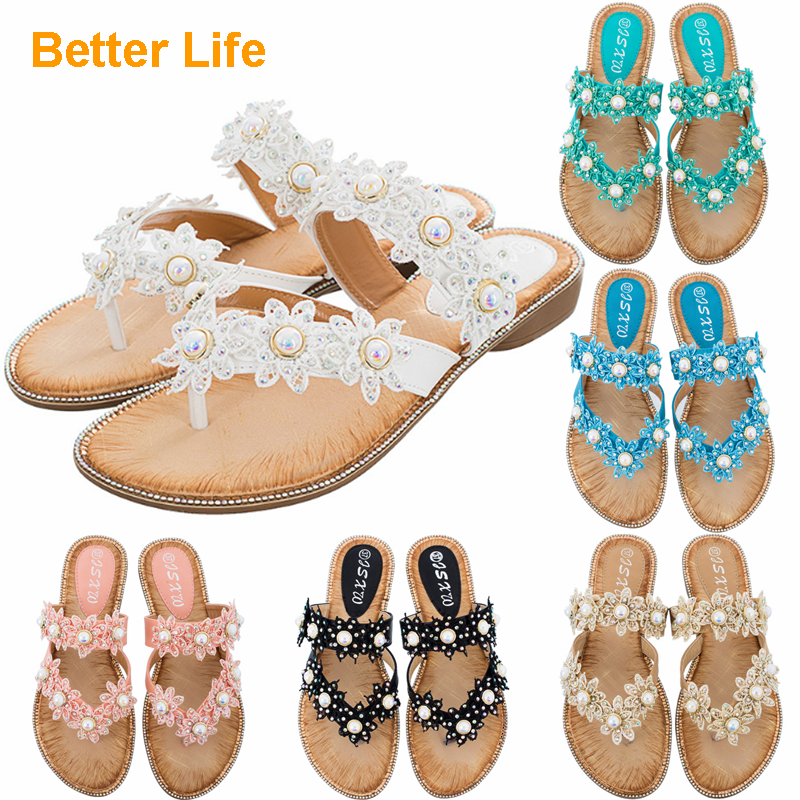 Women Summer Sandals Ladies Comfort Bohemia Sweet Beaded Sandals Clip Toe Flip Flops Beach Shoes