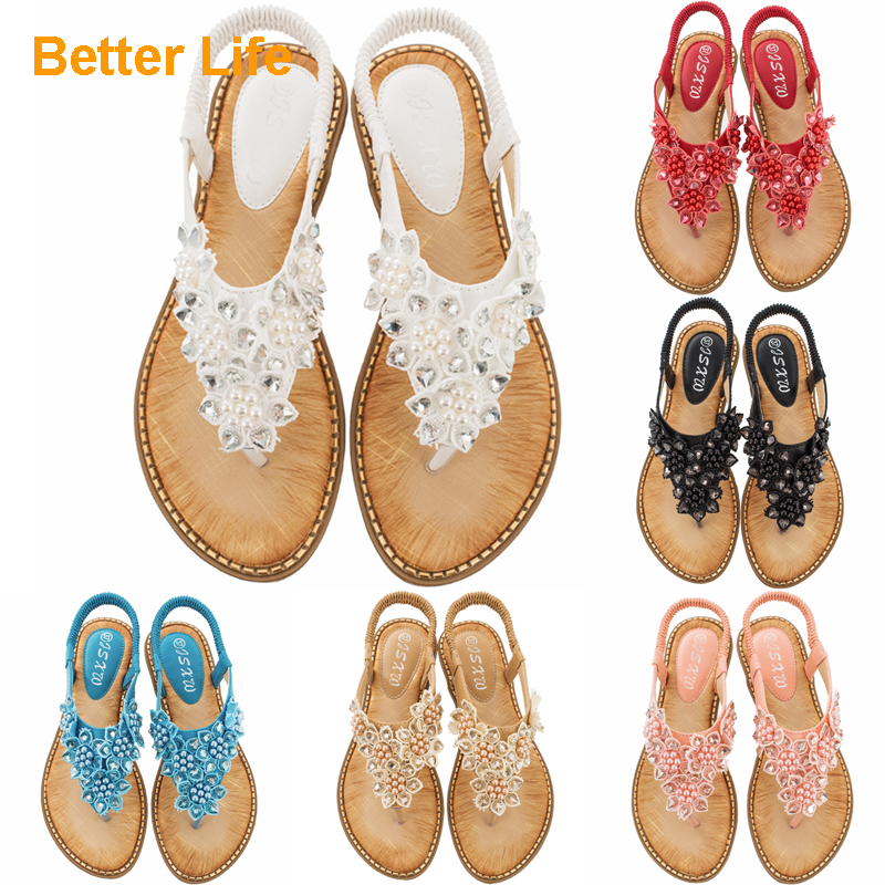 Women&apos;s Pearl Flowers Sandals T Open Toes Flexible Summer Flat Shoes New Heel Flip Flops Slippers