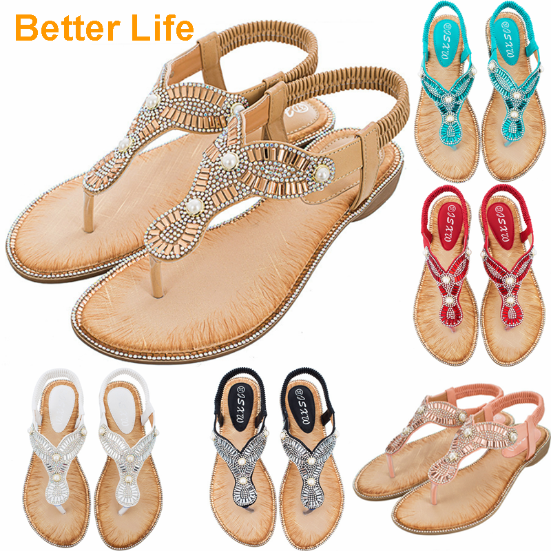 Women's Wedge Sandals Pearl Summer Gladiator Sandals Flip Flops Beach Party Open Shoes Slippers
