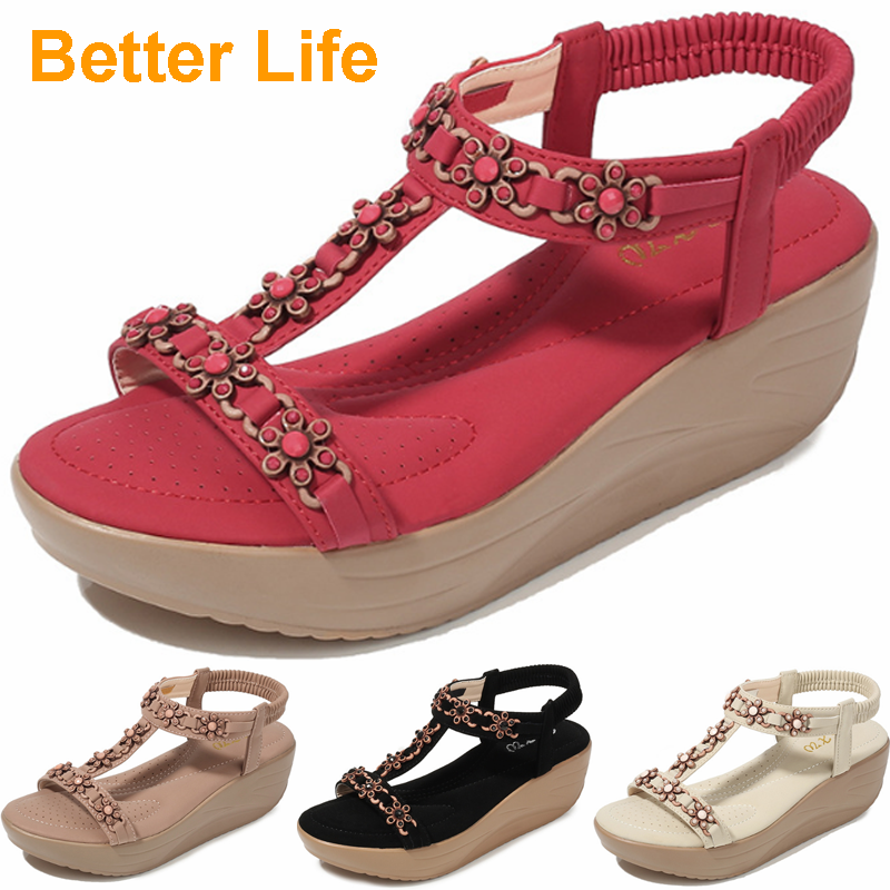 Ladies Soft Platform Heel Sandals Lace-up Flowers Open Shoes Beach Flip Flops Office High Heels Gift