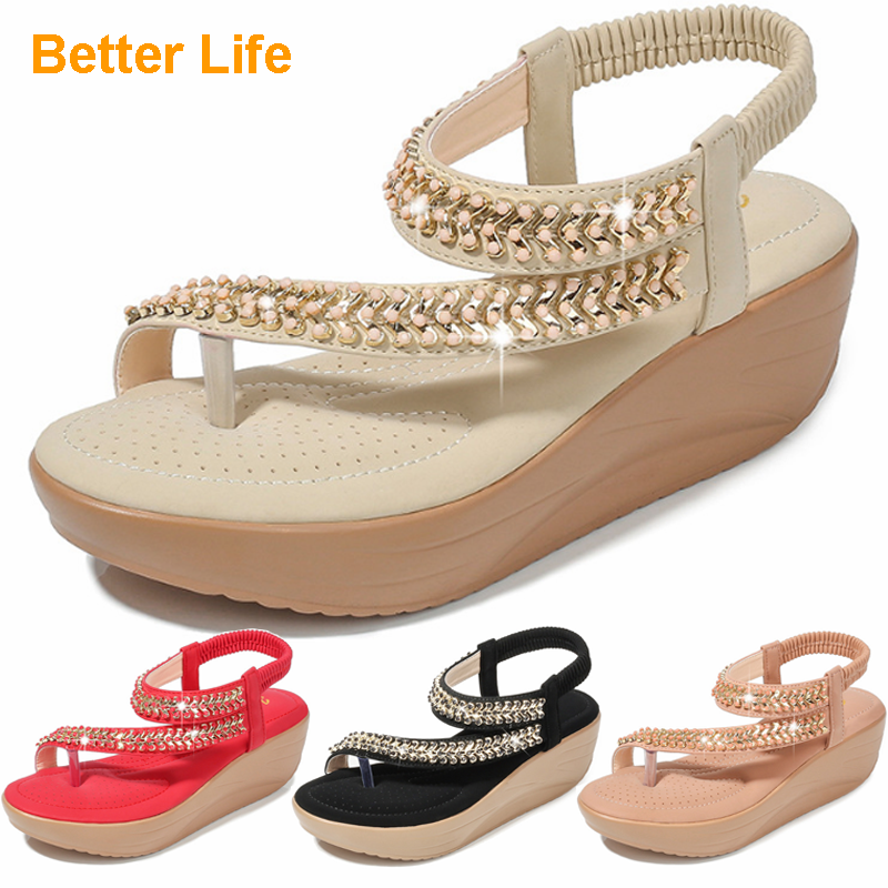 Soft Platform Wedge Heel Sandals Women&apos;s Tong Open Shoes Officer Lace Ladies Flip Flops Beach Party