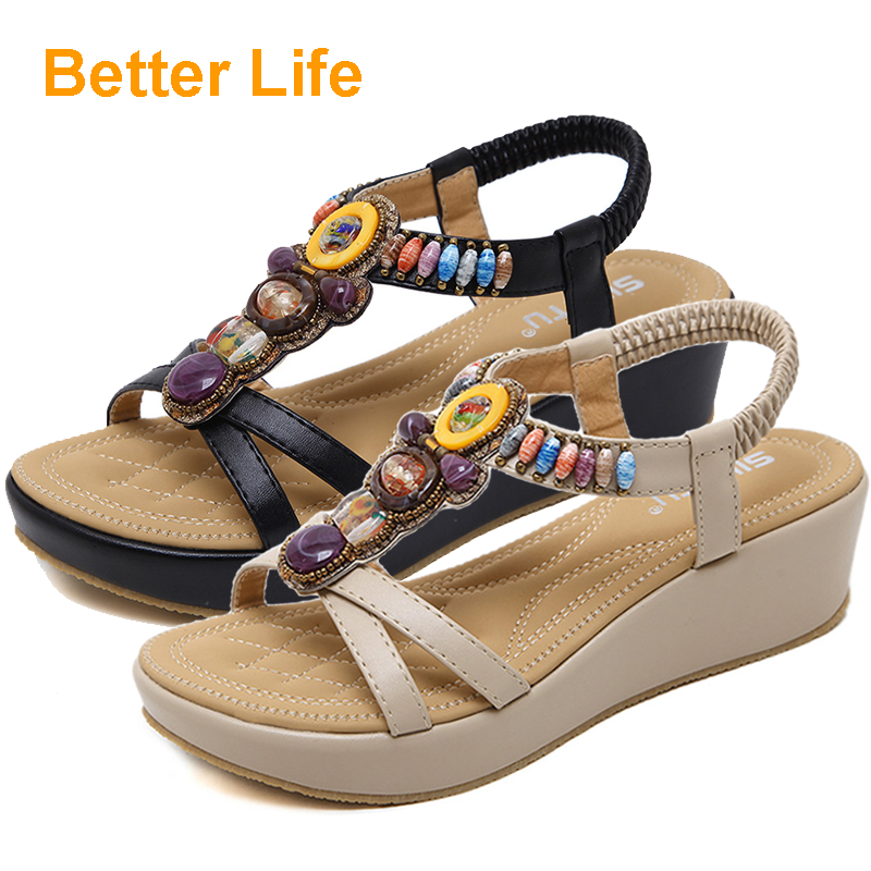 Rubber Sole Soft Platform Sandals Wedge Heel Open Shoes Classic Fashion Beading Flip Flops Lace-up