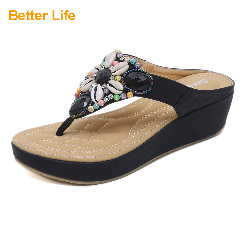 Women&apos;s Wedges Ethnic Sandals Slippers Bohemia Bead Shoes Beach Platforms Beading Flop Flips